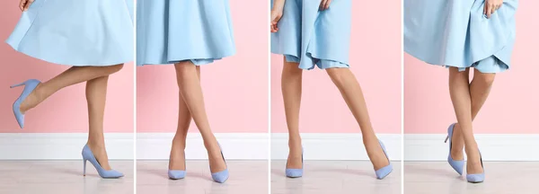 Colagem Com Fotos Mulher Vestindo Sapatos Elegantes Diferentes Perto Parede — Fotografia de Stock