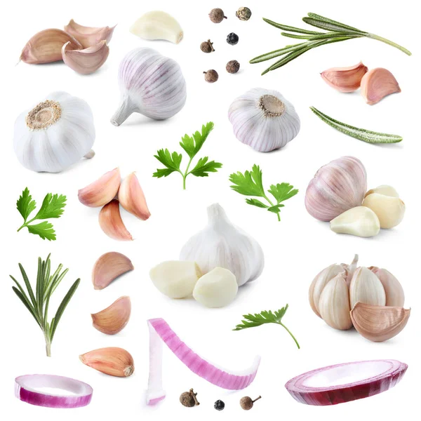 Set Fresh Garlic Different Seasonings White Background — Stock Photo, Image