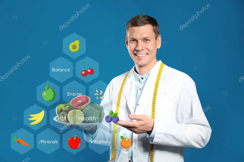 Nutritionist's recommendations. Doctor with healthy products on blue background