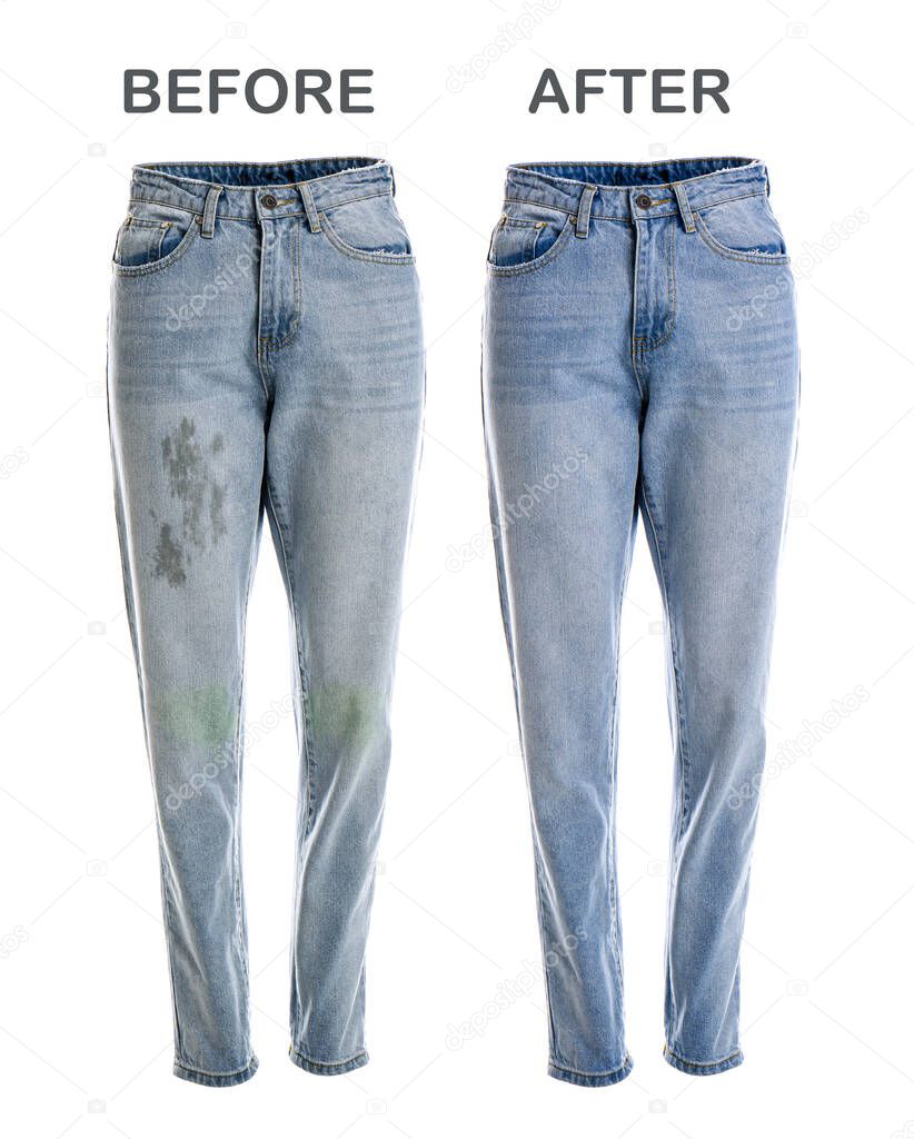 Stylish jeans before and after dry-cleaning on white background