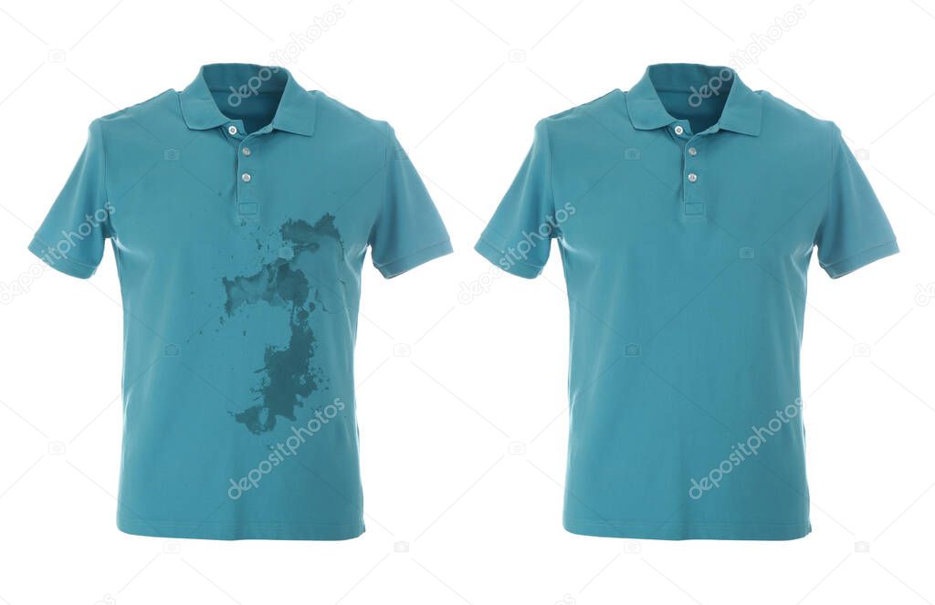 Stylish polo shirt before and after dry-cleaning on white background 