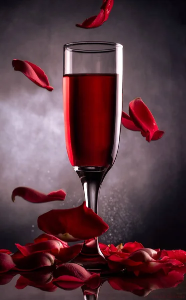 一杯红葡萄酒 玫瑰花瓣 — 图库照片