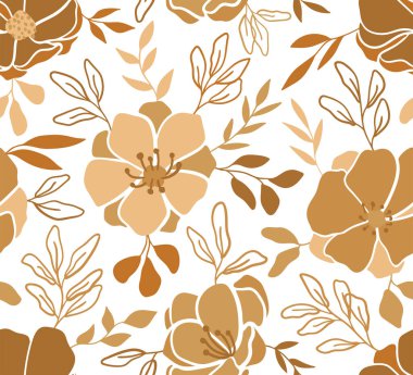 Çiçekli grafik vektör çizimi. Elle çizilmiş çiçekleri olan modaya uygun, pürüzsüz bir model. Modern tekrarlanabilir arkaplan.