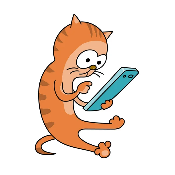 Rode kat met een smartphone. — Stockvector