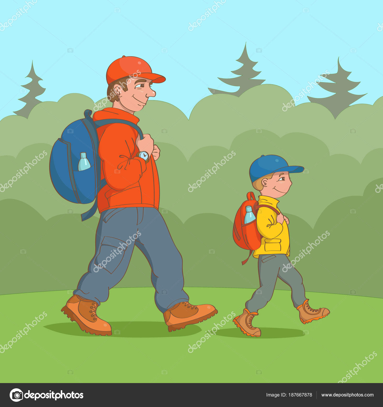 Father and son hiking in forest. Looking at map Stock Photo - Alamy