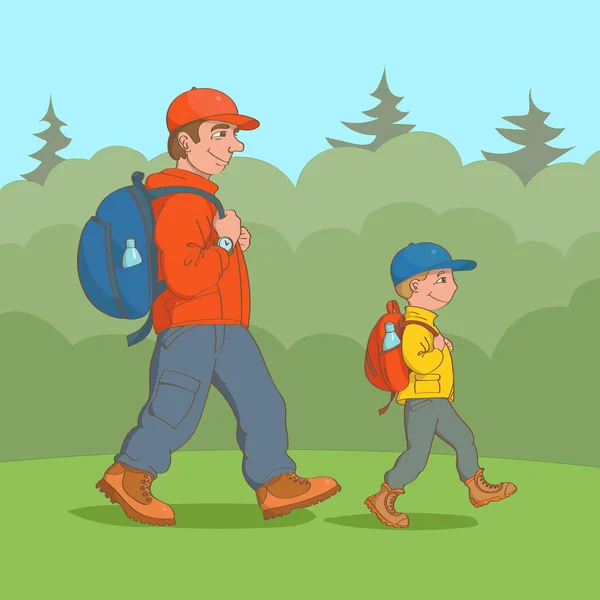 Egy apa és fia, séta az erdőben — Stock Vector