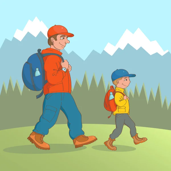 Πατέρας και γιος οι τουρίστες. Βουνό — Διανυσματικό Αρχείο