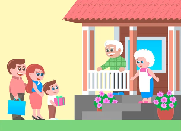 Familie mit Geschenken besucht Großeltern. — Stockvektor