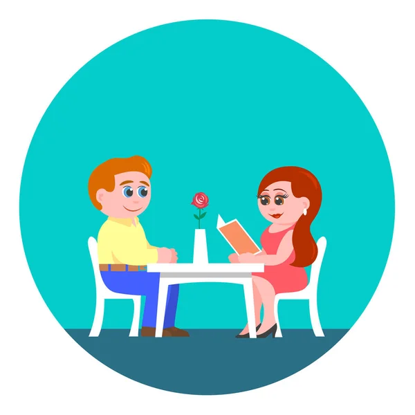 Amar a una joven pareja en un café en una mesa . — Vector de stock
