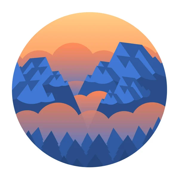 Paisaje con montañas, bosque y niebla naranja . — Vector de stock