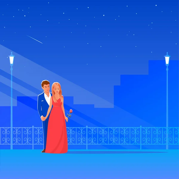 Όμορφο ζευγάρι εραστών στη νυχτερινή πόλη κάτω από τα αστέρια. — Διανυσματικό Αρχείο