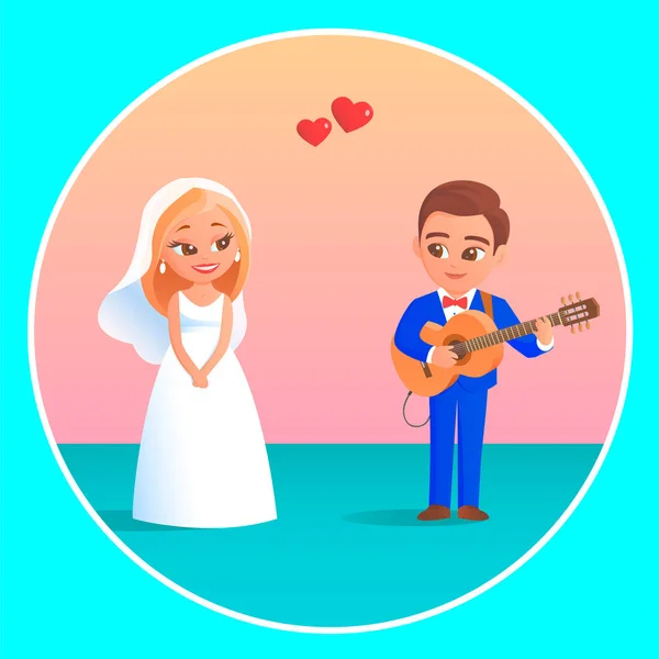 El novio con una guitarra canta a una novia una canción . — Vector de stock