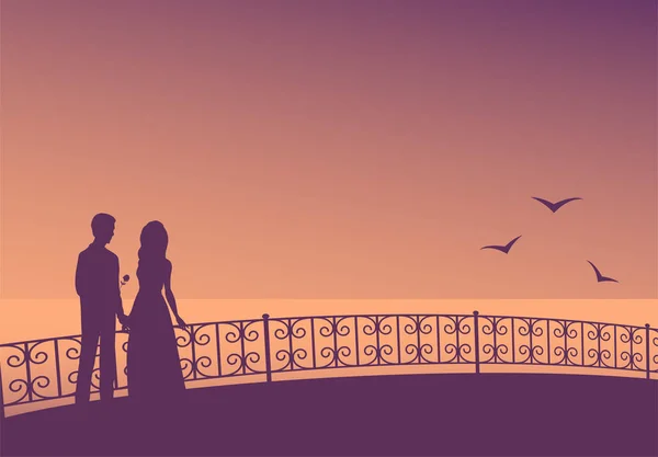 Silhouette d'un couple amoureux sur la promenade au bord de la mer . — Image vectorielle