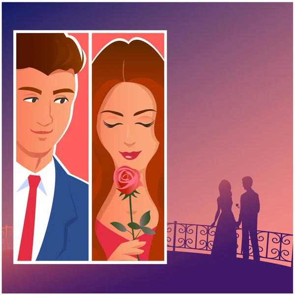 Beautiful couple in love on a city bridge. — Stock Vector