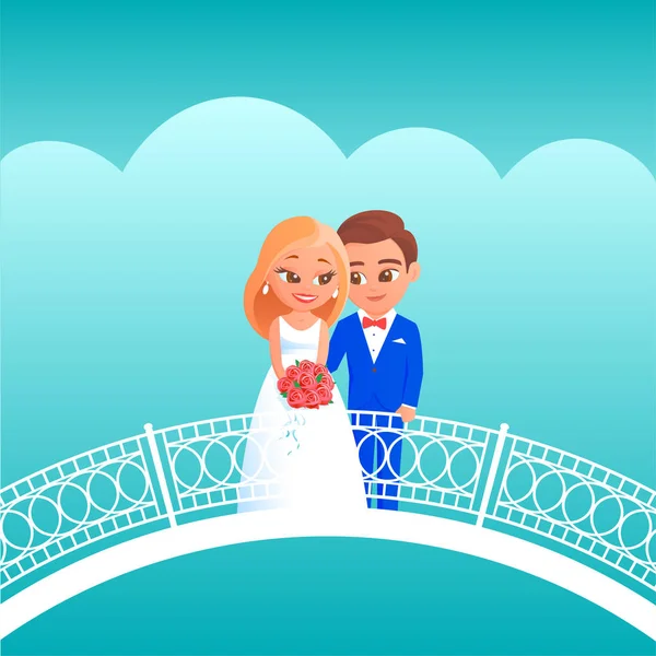 Noiva de desenhos animados e noivo em uma ponte . —  Vetores de Stock