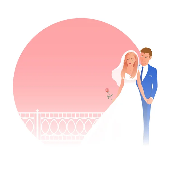 Счастливые жених и невеста с розовым фоном для текста . — стоковый вектор