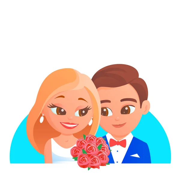 Portrait of cartoon newlyweds with a bouquet — 스톡 벡터