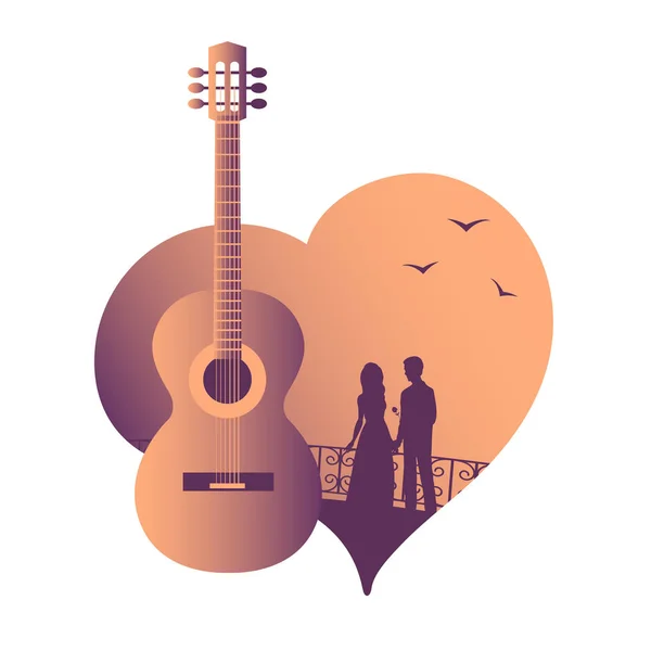 Гітара на силуетному фоні пари закоханих у морське дно — стоковий вектор