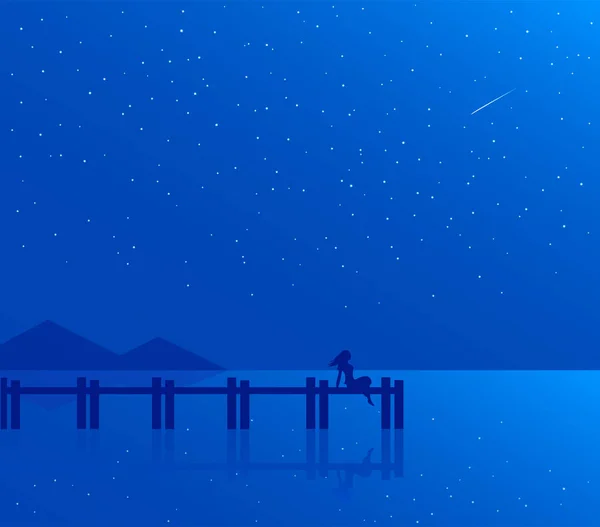 Ahşap iskelede bir kızın silueti. Güzel bir manzaranın arka planında gölün kenarında dinleniyor. Gece gökyüzünde yıldızlar. Vektör yatay illüstrasyonu.