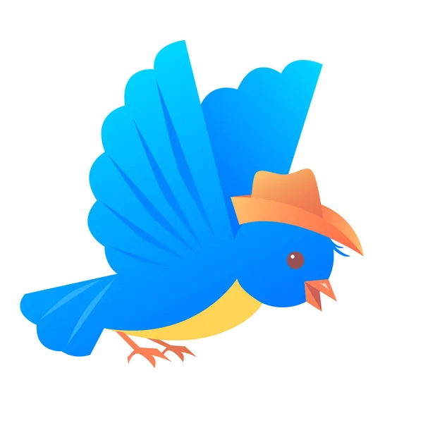 Dibujos animados pájaro azul en un sombrero vuela sobre un fondo blanco . — Vector de stock