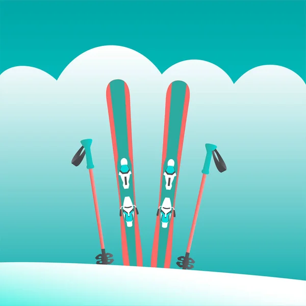 Une paire de skis alpins avec des bâtons sont debout dans une dérive de neige — Image vectorielle
