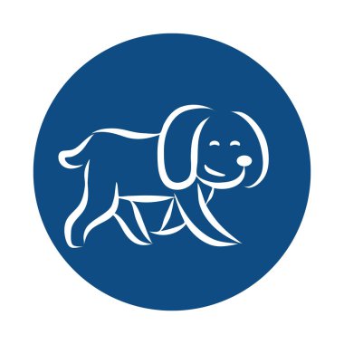Üzerinde şirin bir köpek resmi olan mavi yuvarlak bir logo..