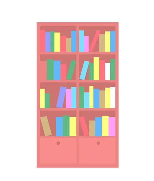 Lång trä bokhylla med ett bibliotek ritat på en vit bakgrund. — Stock vektor