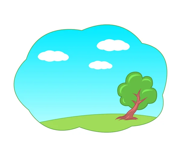 Árbol verde de dibujos animados sobre un fondo de cielo azul de verano . — Vector de stock