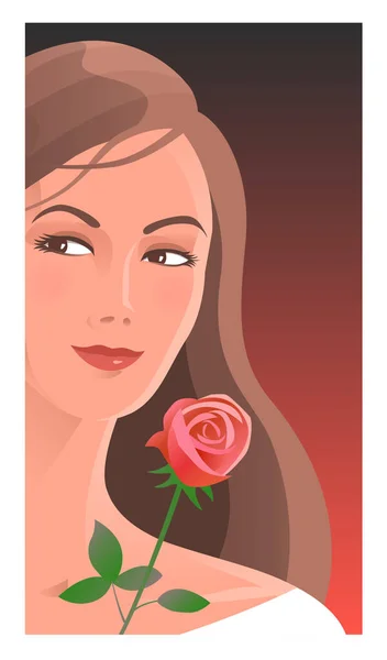 Drawn portrait of a beautiful woman in love with a red rose. — Stock Vector