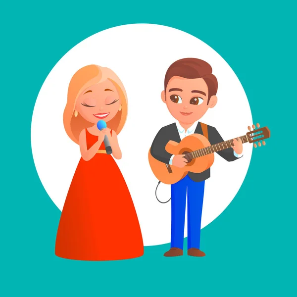 Cartoon guy and girl sing a song on stage with a guitar. — 스톡 벡터