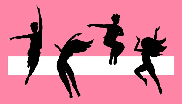 Aktive Gruppe junger Männer und Mädchen springen und tanzen. — Stockvektor