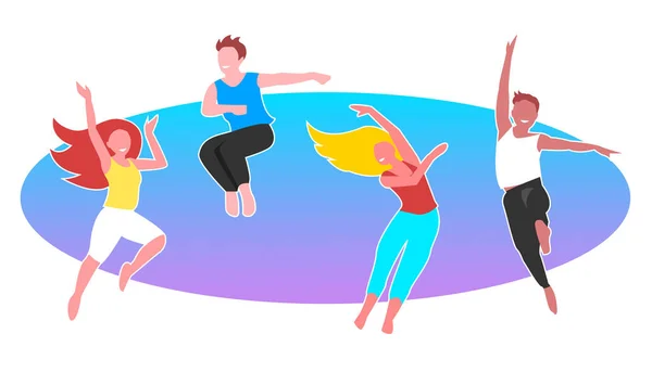Active group of young men and girls jumping and dancing. — Stock Vector