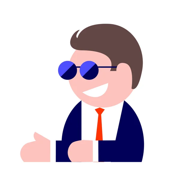 Kreslený kreslený obchodník se slunečními brýlemi a kravatou se laskavě usmívá. — Stockový vektor