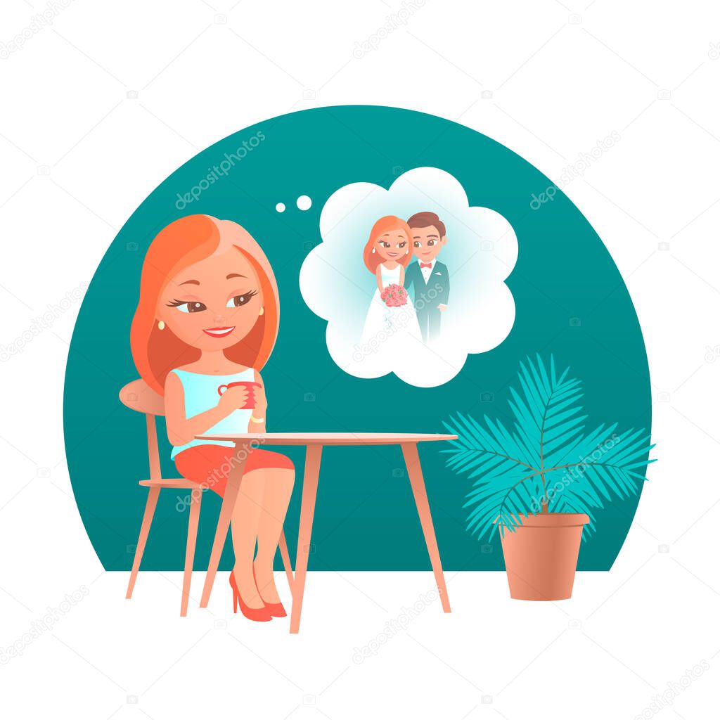 Cute cartoon girl sits at a table in a cafe and dreams of a wedding.