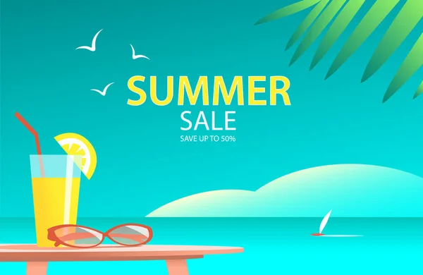 Літній морський курорт з лимонним коктейлем, сонцезахисними окулярами та долонею — стоковий вектор