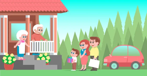 Çocuklu bir aile dedelerini ziyaret ediyor..