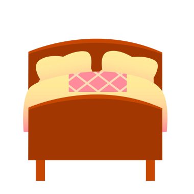 Double wooden bed with pillows and a blanket. Vector isolated illustration in a flat style.