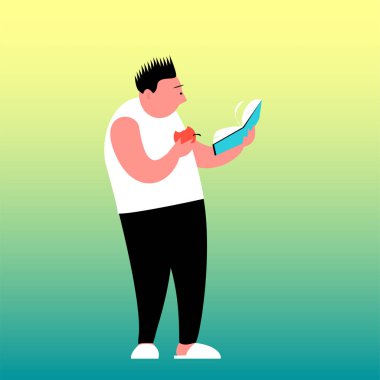 An Asian man is standing and enthusiastically reading an interesting book. In the hand is an apple. Vector cartoon flat illustration.