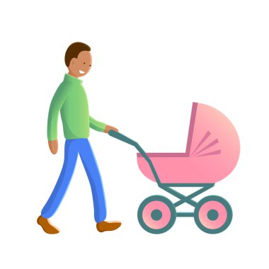 Happy father African American walks with a blue baby classic stroller. Dressed in a warm sweater and jeans. Side view. Cartoon vector isolated illustration on a family theme.