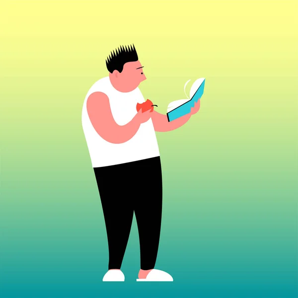Asian Man Standing Enthusiastically Reading Interesting Book Hand Apple Vector — 스톡 벡터