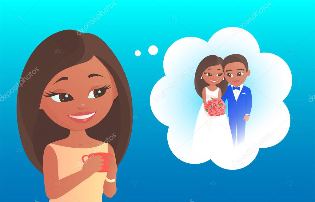 Cute cartoon girl African American dreams of a future wedding. Represents in thoughts himself with the groom in festive dresses. Vector romantic illustration about love and happiness.