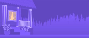 Country wooden house at night against the background of the forest. The light is on in the window. Vector illustration banner.