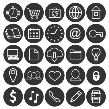 Set of round office black icons. On the subject of computer, communication, printing and more. Twenty five vector isolated elements.