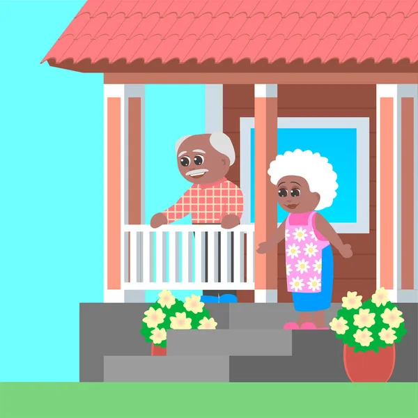 Elderly Grandparents African American Waiting Guests Porch Wooden House Joyful — Stok Vektör