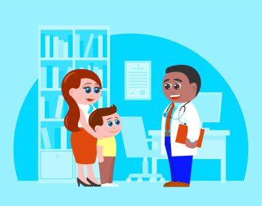 Anne ve oğlu Afrikalı Amerikalının doktorunda. Kitaplığı, masası, sandalyesi ve bilgisayarı olan bir muayenehane. Mavi tonlarda arkaplan için vektör illüstrasyonu.