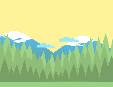 Orman, karlı dağlar ve bulutlarla dolu yaz manzarası. Kozalaklı ağaç siluetleri. Vektör illüstrasyonu.