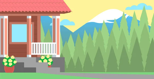 Porche Une Maison Rustique Bois Sur Fond Forêt Verdoyante Montagnes — Image vectorielle