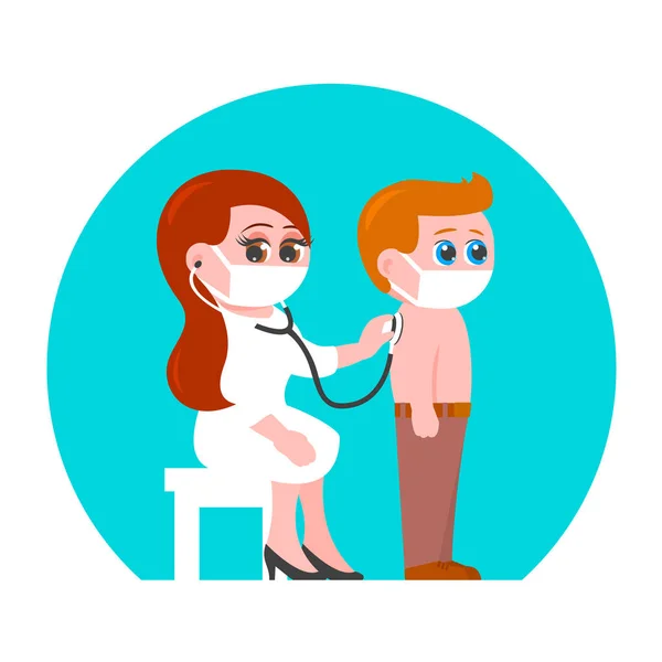 戴着医疗面罩的女医生听着一个男孩的呼吸 流行病期间的健康检查 矢量卡通画 — 图库矢量图片