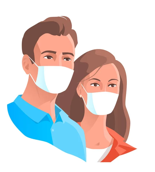 Enfeksiyona karşı koruyucu maskeli genç adam ve kadın. Coronavirus salgını ya da diğer salgınlar. Vektör izole illüstrasyonu.