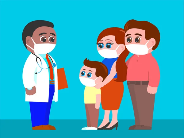 Arzt Und Vermummte Familie Während Einer Epidemie Vater Mutter Und — Stockvektor